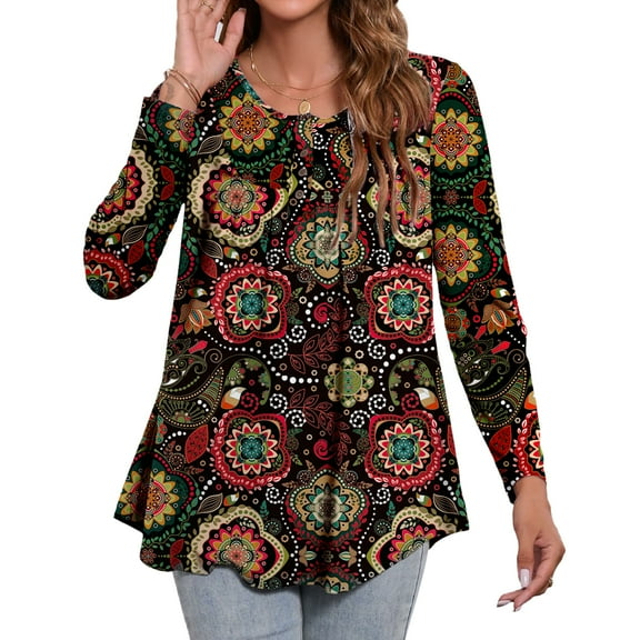 Women Long Sleeve Blouses Plus Size Crew Neck Button Down Tunic Tops