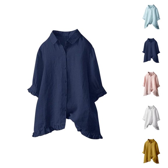 Women’s Blouses Chiffon – Kurzarm Ruffle Sleeve Top Dressy Casual für Frühling und Sommer Womens Loose Buttons Down Pocket Blouse Tops Solid Long Shirt