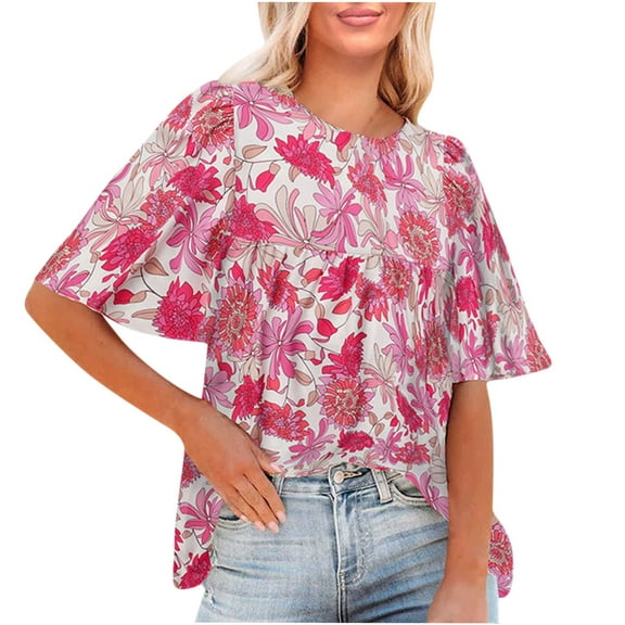 Women's Blouses Crewneck Pleated Ruffle 3/4 Short Sleeve Floral Boho Shirts Chiffon Blouse Tops Tunics