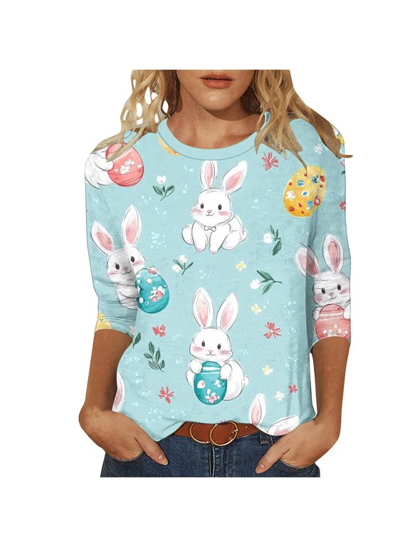 Women's Blouses Dressy Casual,Easter Tops for Women 2026 Plus Size Bunny Rabbit Graphic T Shirts Casual Spring 3/4 Length Sleeve Blouses