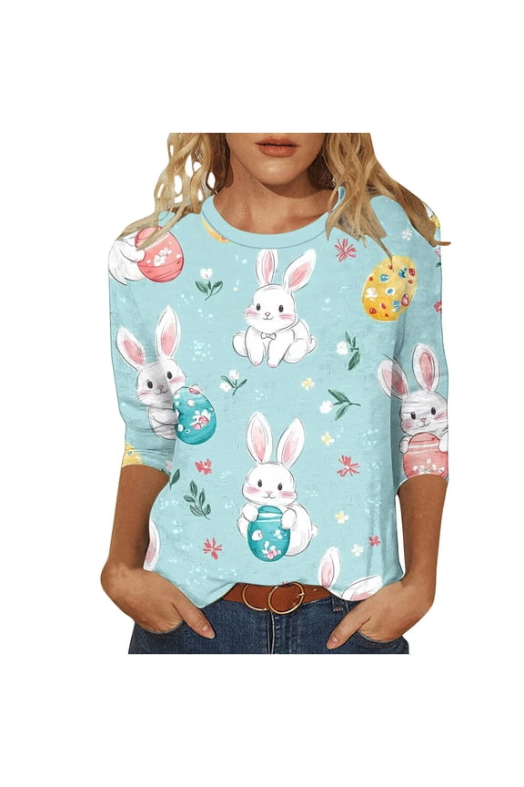 Women's Blouses Dressy Casual,Easter Tops for Women 2026 Plus Size Bunny Rabbit Graphic T Shirts Casual Spring 3/4 Length Sleeve Blouses