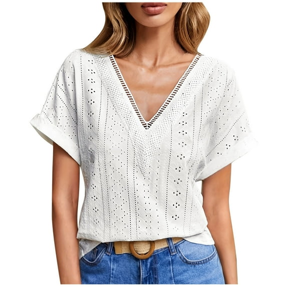 Women's Blouses Dressy Casual Lace V Neck Cap Sleeve Eyelet White Tops Summer Loose Fit Basic Tunic Blouses (S, White)