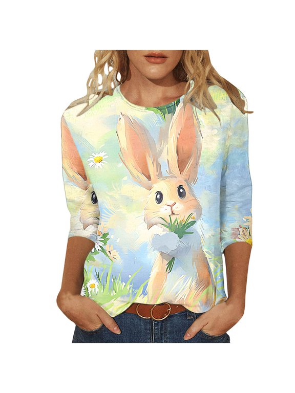 Women's Blouses Dressy,Easter Shirts for Women Cute Bunny Print Tops 3/4 Sleeve Casual Crewneck Pullover Holiday Blouses