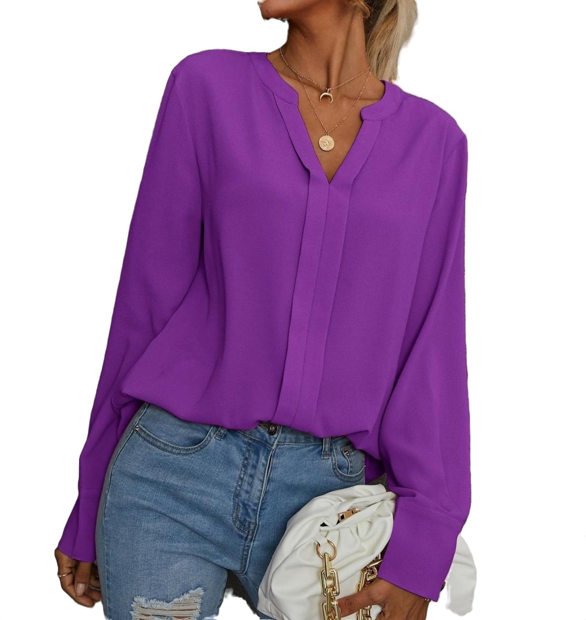 Women's Blouses Elegant Plain Top Notched Long Sleeve Sleeve Purple S