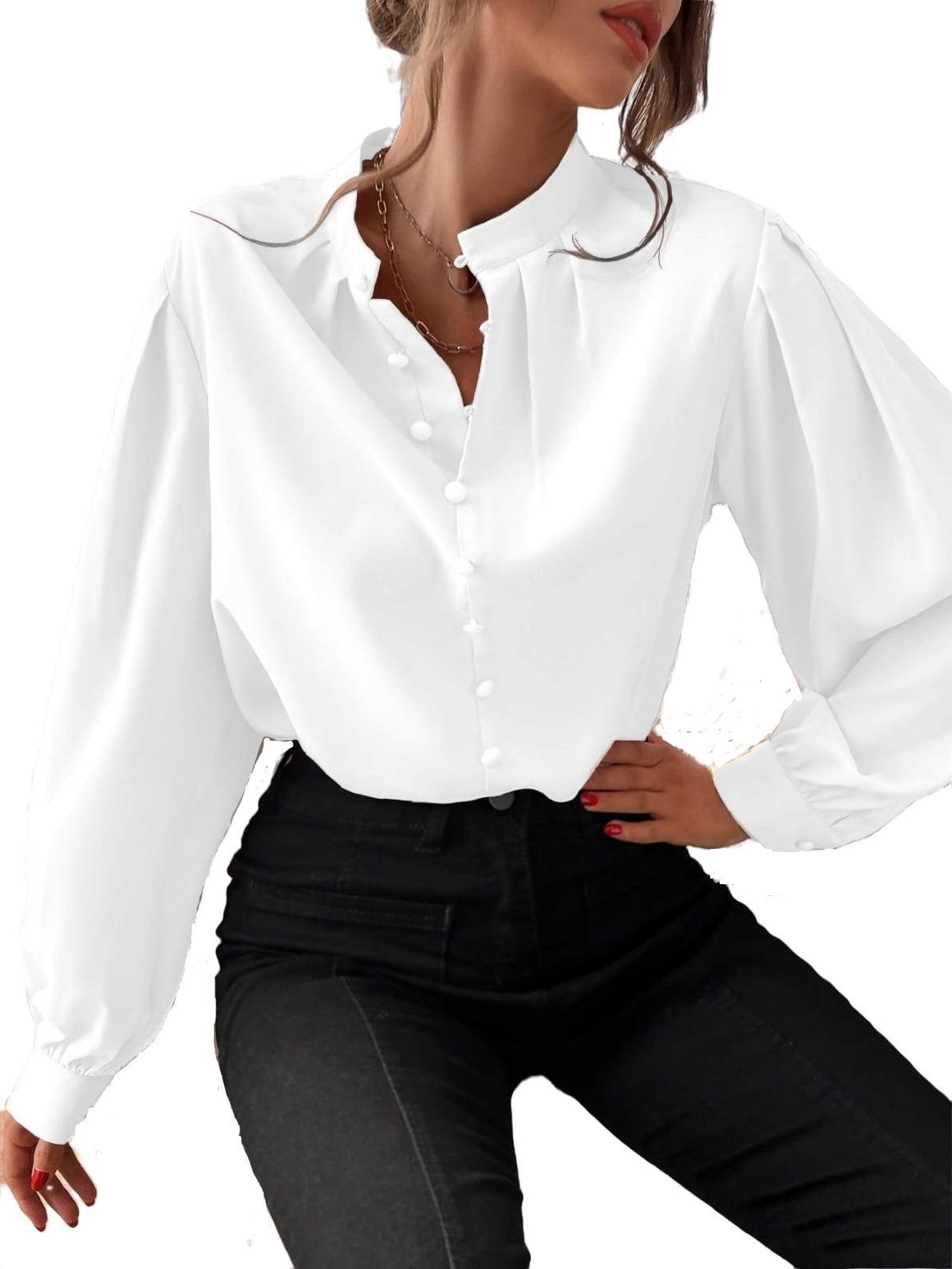 Women's Blouses Elegant Plain Top Stand Collar Fake Buttons Long Sleeve  White S