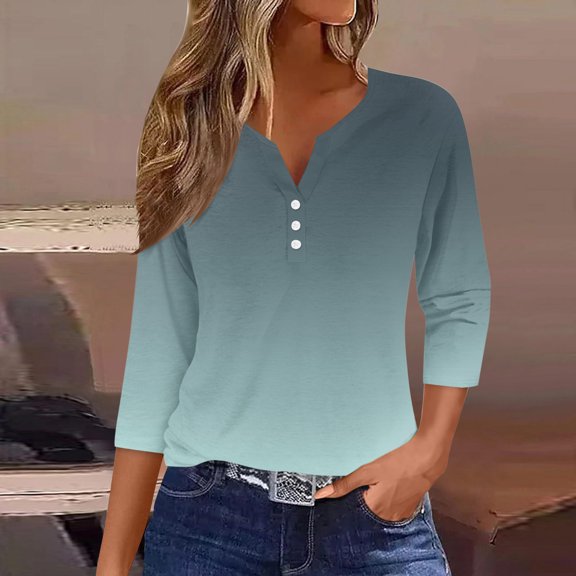 Women's Blouses Fashion Casual Solid T-shirt 3/4 Sleeves Buttons Closure Blouse V-Neck Tops Gradients Fashionable Autumn Summer Vacation Party Outfit