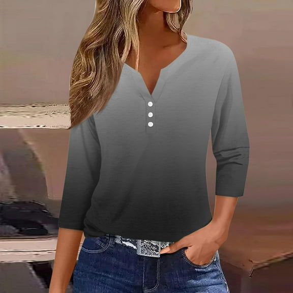 Women's Blouses Fashion Casual Solid T-shirt 3/4 Sleeves Buttons Closure Blouse V-Neck Tops Gradients Fashionable Autumn Summer Vacation Party Outfit