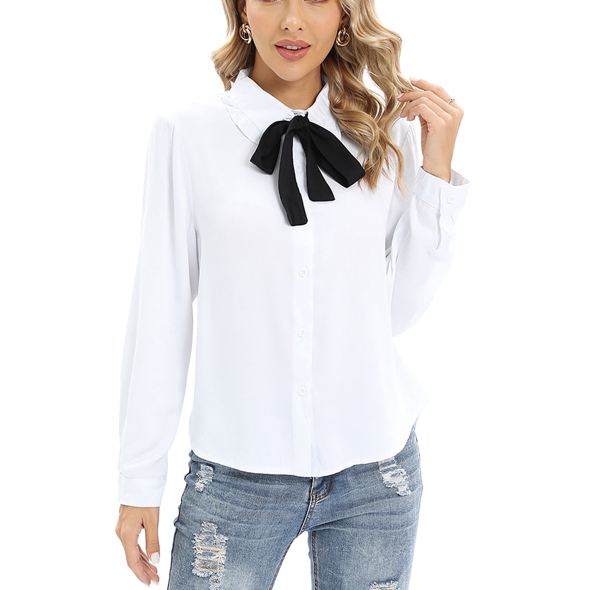 Women s Blouses Flounce Peter Pan Collar Bow Tie Shirts Long Sleeve Button Down Shirts OL Casual Work Blouse Tops White L Walmart