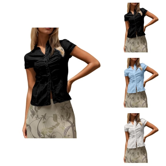 Women’s Blouses Linen Bluse – Locker sitzende Kurzarm Tunic Top mit V‑Neck Perfekt als Beach Vacation und Weekend Tops Womens Loose Buttons Down Pocket Blouse Solid Casual Long Sleeve Shirt