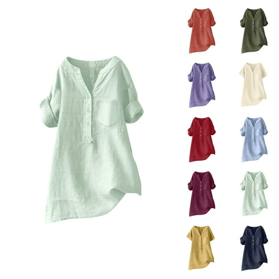 Women’s Blouses – Linen for Women V Neck Short Sleeve Summer Tops Lightweight Flowy Vacation or Office Trendy Womens Casual Long Button Up Collar Shirts For Loose Fit Blouse