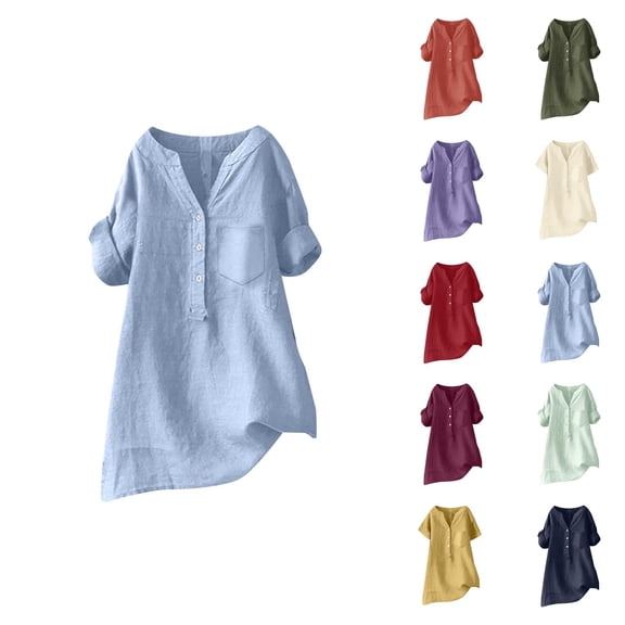Women’s Blouses – Linen for Women V Neck Short Sleeve Summer Tops Lightweight Flowy Vacation or Office Trendy Womens Casual Long Button Up Collar Shirts For Loose Fit Blouse