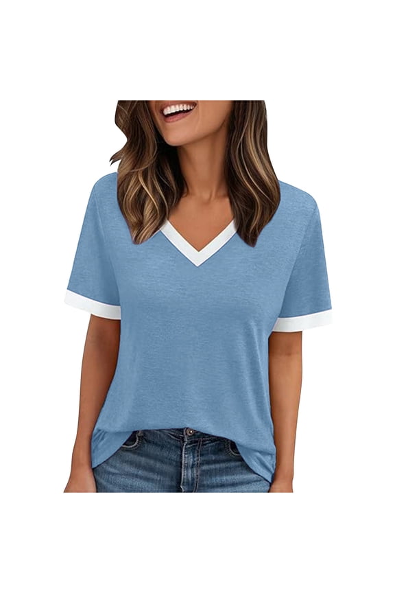 Blouses for Womens Loose Casual Solid Color Patchwork V Neck Short Sleeved Womens Tops Trendy