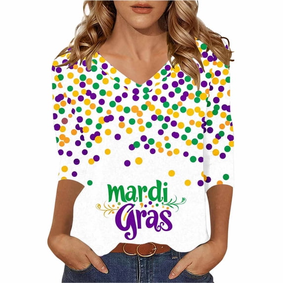 Women's Blouses,Mardi Gras Shirts for Women 3/4 Sleeve Sequin V Neck Mardi Gras Outfits Summer Graphic Holiday Carnival Shirt