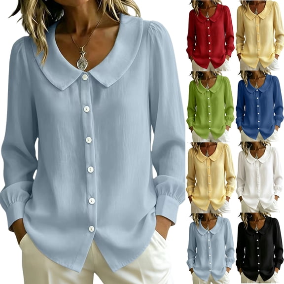 Women's Blouses Peter Pan Collar Button Long Sleeve Cotton Linen Shirts Button-Down Casual Summer Daily Wear Top