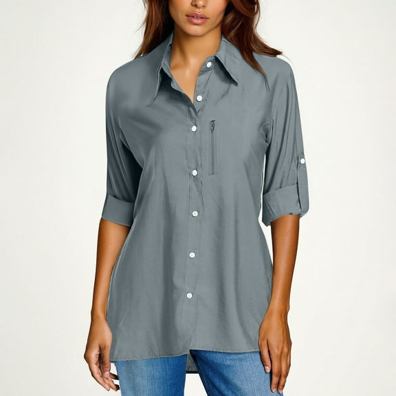 Women's Blouses Shirts Long Sleeve Button Down Shirt White Dress Shirts Ladies Basic Blouse Tops for Work Office Business Gray M