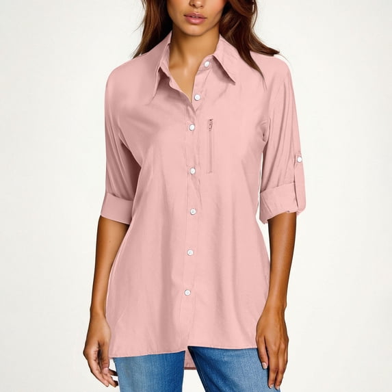 Women's Blouses Shirts Long Sleeve Button Down Shirt White Dress Shirts Ladies Basic Blouse Tops for Work Office Business Pink XXL