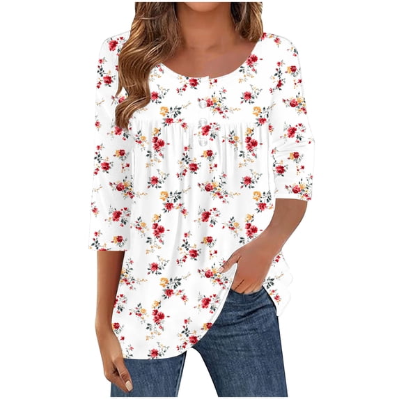 Women's Blouses Shirts Summer Casual Printed Round Neck Long Sleeve T-shirt Button Tops Work Tunic Party Going Out Dressy