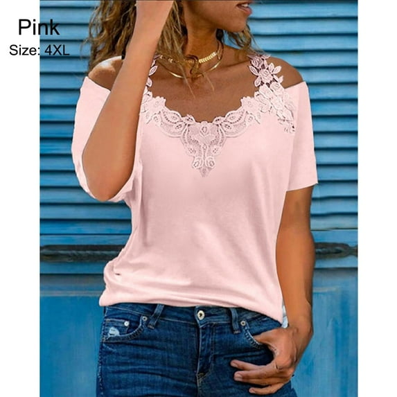 Women's Blouses & Shirts Summer Solid Color Short Sleeve Lace Blouse Women's Tops T-Shirts Ladies Tops PINK 4XL