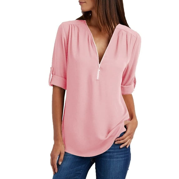 Women's Blouses & Shirts Zipper Up Plain Long Sleeve Tops V Neck Casual Loose Tunic Tops Curved Hem Pullover Tee-Shirts Ladies Blouses for Autumn