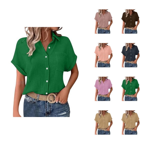 Women’s Blouses – Short Sleeve Tunic Tops with Ruffle Details for Office Wear or Summer Casual Vacation Ladies' Fashionable And Casual Solid Color Batsleeved Button Short Sleeved Shirt