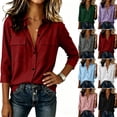 thumbnail image 1 of Women's Blouses Solid Color Collared 3/4 Sleeve Button Front Shirt Dual Chest Pockets for Everyday Outings, 1 of 7