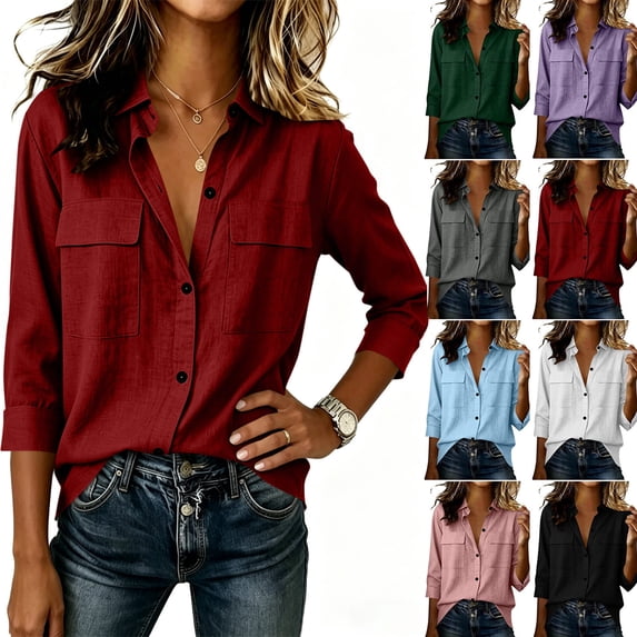Women's Blouses Solid Color Collared 3/4 Sleeve Button Front Shirt Dual Chest Pockets for Everyday Outings