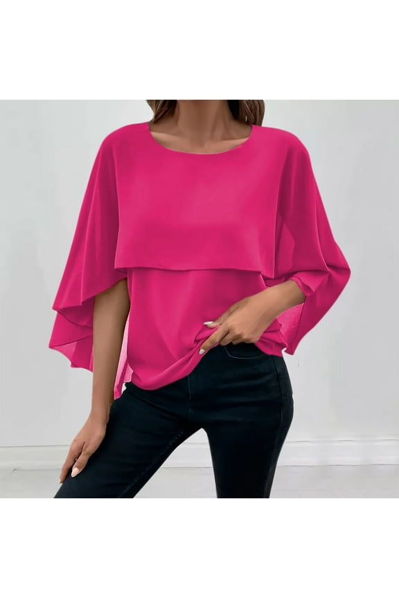 Women's Blouses Spring Summer Top Multi-Layer Cape Sleeve Tee Solid Color Shirts Cape Sleeves Round Neck Layered Chiffon Casual Top Hot Pink XXXL