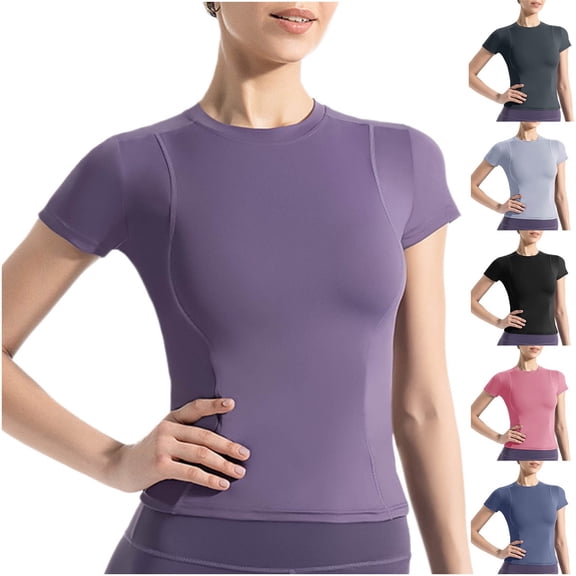 Women's Blouses Summer Short Sleeve Shirts, Casual Ladies Short-sleeved Round Neck Solid Color Casual Sports Tops T-shirt Workout Tee Tops, Size S-2XL