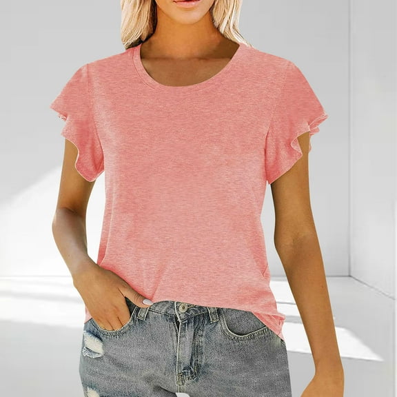 Women's Blouses Summer Short Sleeve Shirts, Casual Womens Fashion T-Shirt Ruffled Cuffs Round Neck Womens Tops Dressy Casual Blouse, Size S-2XL