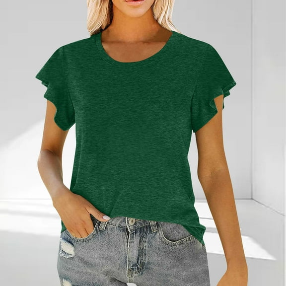 Women's Blouses Summer Short Sleeve Shirts, Casual Womens Fashion T-Shirt Ruffled Cuffs Round Neck Womens Tops Dressy Casual Blouse, Size S-2XL
