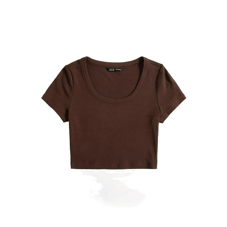 Women's Blouses & Tee Crop Slight Stretch Plain Casual Plain Scoop Neck  Chocolate Brown T-Shirts