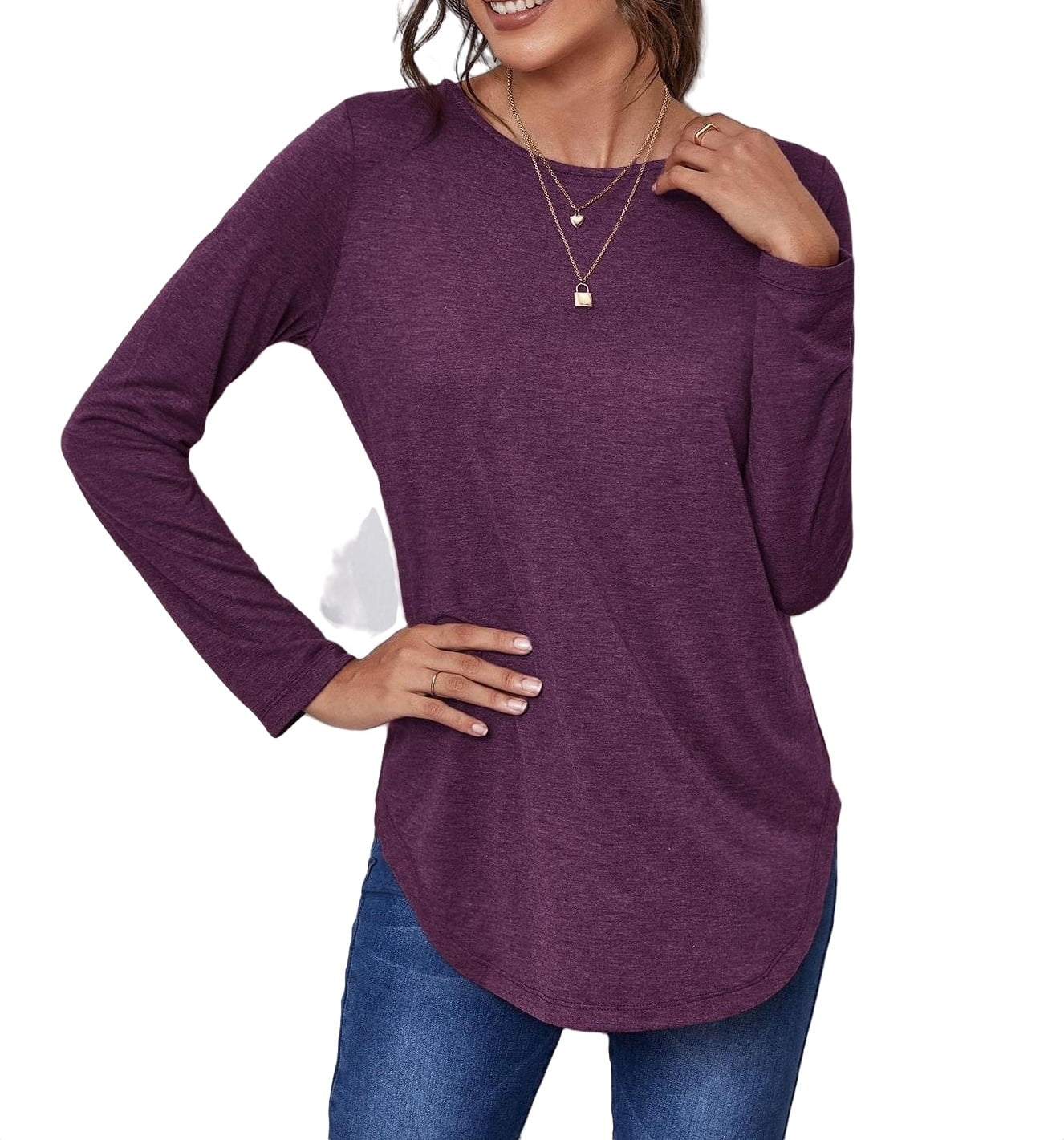 Women's Blouses & Tee Long Slight Stretch Plain Casual Plain Round Neck ...