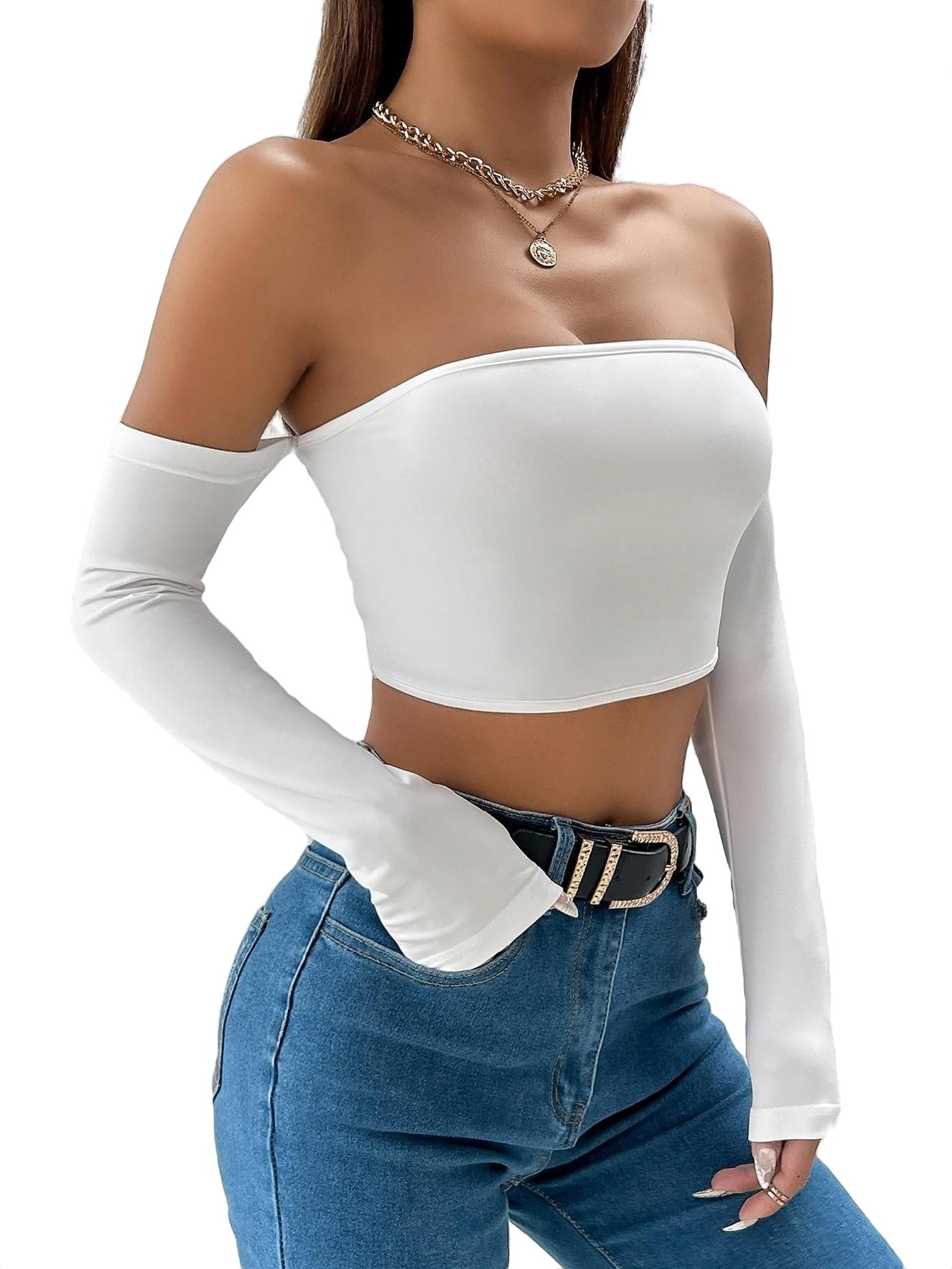 Women s Blouses Tee Micro Crop High Stretch Plain Sexy Plain Off