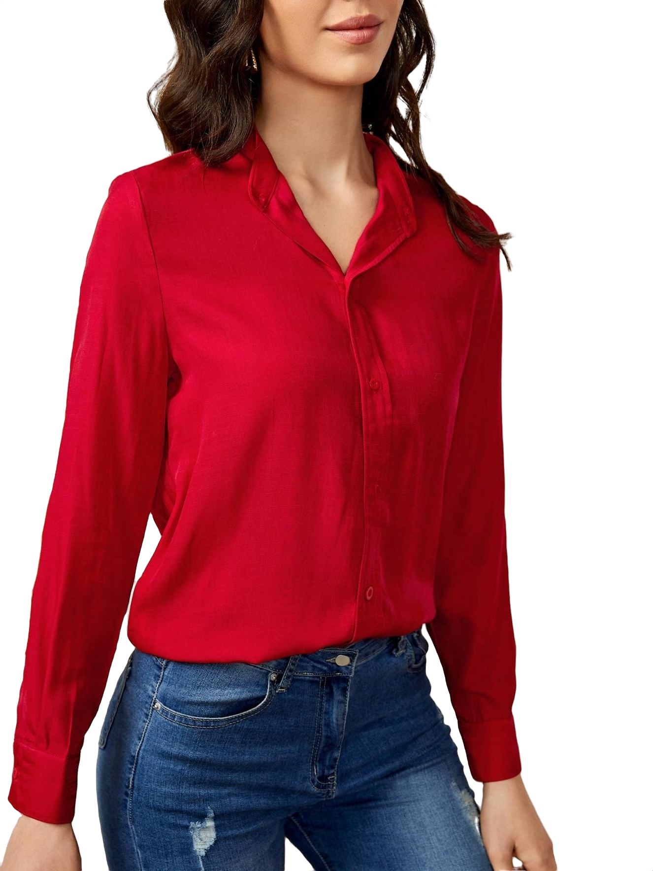 Women's Blouses & Tee Regular NonStretch Plain Casual Plain Shirt Stand Collar Red Blouses