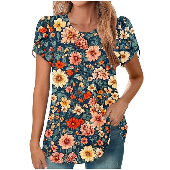 Women's Blouses Top Cute Printed Summer T-Shirts Casual Chest Pleated Tunic Top Round Neck Puff Sleeves Blouses Loose Outdoor Beach Vacation Pullover Tops