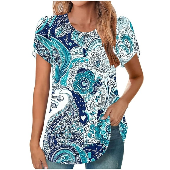 Women's Blouses Top Cute Printed Summer T-Shirts Casual Chest Pleated Tunic Top Round Neck Puff Sleeves Blouses Loose Outdoor Beach Vacation Pullover Tops