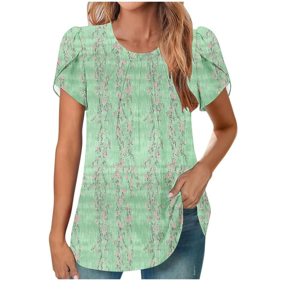 Women's Blouses Top Cute Printed Summer T-Shirts Casual Chest Pleated Tunic Top Round Neck Puff Sleeves Blouses Loose Outdoor Beach Vacation Pullover Tops
