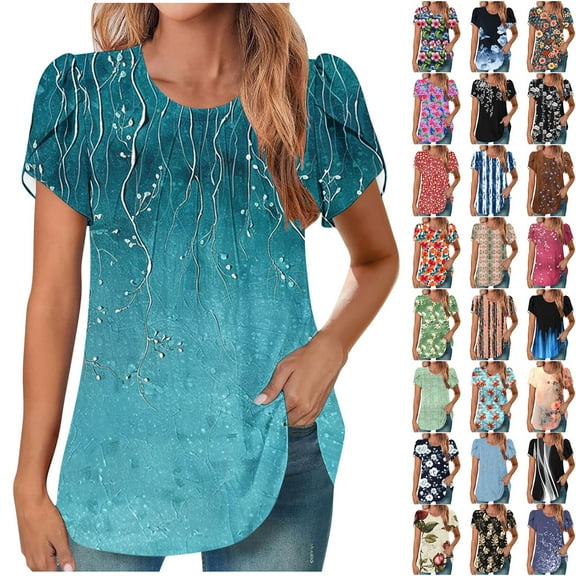Women's Blouses Top Cute Printed Summer T-Shirts Casual Pleated Tunic Top Round Neck Puff Sleeves Blouses Loose Pullover Tops