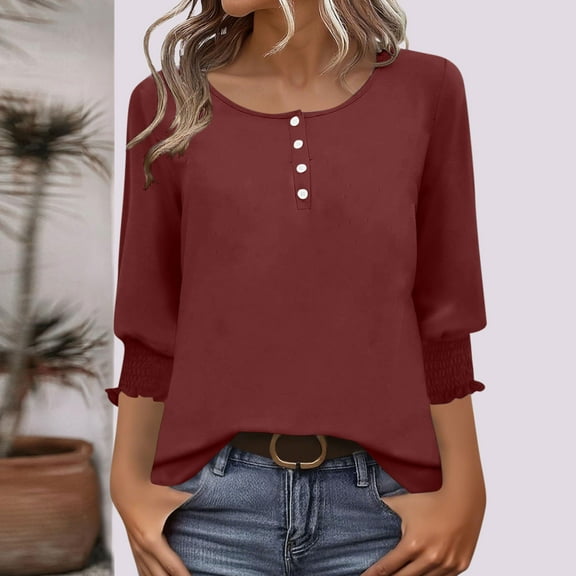Women's Blouses Top Fall 3/4 Length Sleeve Shirts Casual Solid Color Basic Slim Shirt Pullover Round Neck Button-Down T-Shirts Tunic Tee Blouse Wine XL