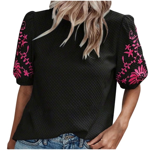 Women's Blouses Top Fashion Embroidery Printed T-Shirts Summer Bubble Short Sleeve Round Neck Shirts Casual Loose Dressy Pullover Tops