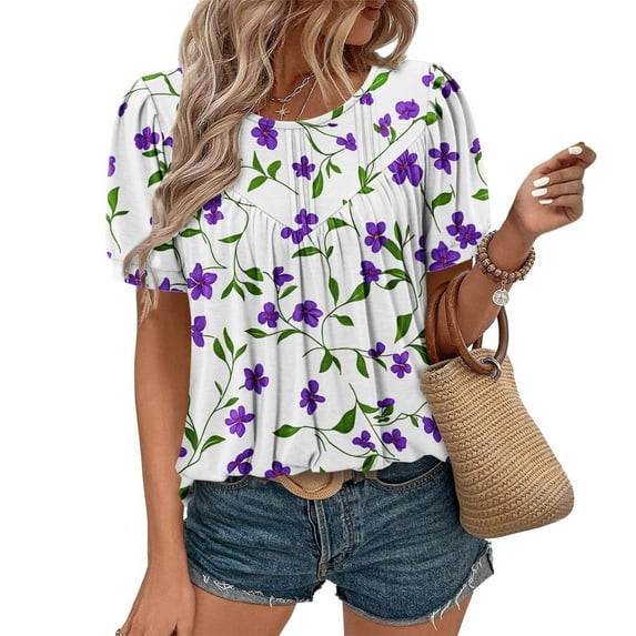 Women's Blouses Top Fashion Floral Print Casual Shirts Summer Short Sleeve T-Shirt Pleated Non-positioned Printed Blouses Round Neck Loose Pullover Top Style 01 XXL