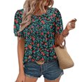 thumbnail image 1 of Women's Blouses Top Fashion Spring Floral Print Casual Shirts Summer Short Sleeve T-Shirt Pleated Non-positioned Printed Blouse Round Neck Loose Pullover Top Army Green M, 1 of 7
