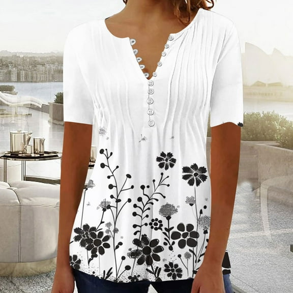 Women's Blouses Top Summer Fashion Printed Regular Shirts Casual Button Pleated V-Neck T-Shirts Slim Tunic Tees Shirts Womens Pullover Top