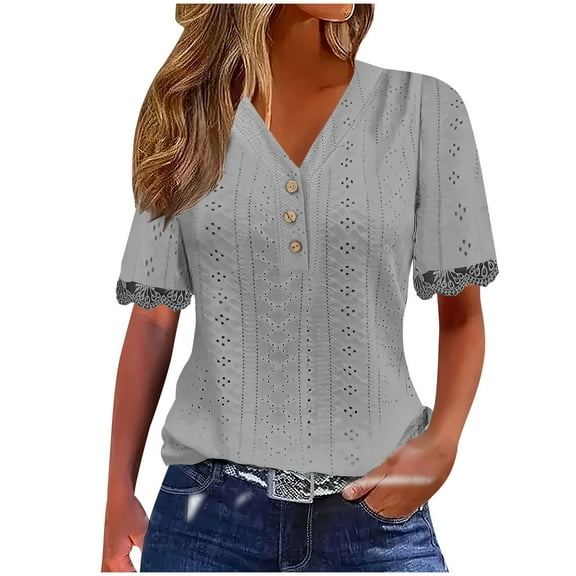 Women's Blouses Top Summer Short Sleeved T-shirts Solid Color Lace V-neck Button Shirts Casual Loose Pullover Hollow Breathable Tunic Tops 01#Gray L