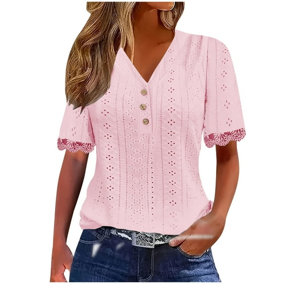 Women's Blouses Top Summer Short Sleeved T-shirts Solid Color Lace V-neck Button Shirts Casual Loose Pullover Hollow Breathable Tunic Tops 01#Pink XL