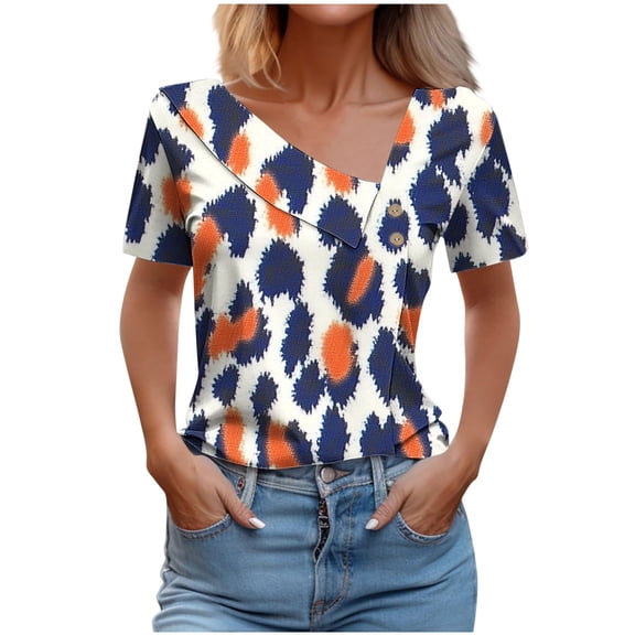 Women's Blouses Tops Summer Short Sleeved Dressy T-Shirts Button Decoration V Neck Shirts Fashion Checkered Printed Blouse Casual Loose Pullover Top