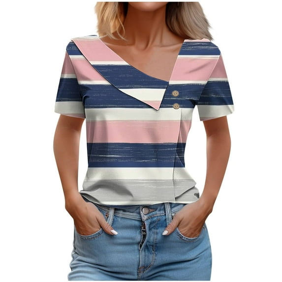 Women's Blouses Tops Summer Short Sleeved Dressy T-Shirts Button Decoration V Neck Shirts Fashion Checkered Printed Blouse Casual Loose Pullover Top