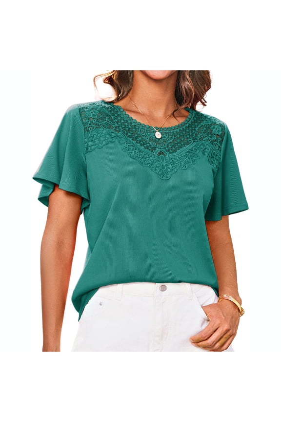 Women's Blouses V-Neck Lace Trim Blouse Short Flutter Sleeve Ribbed Casual Tops Boho Tunic Tops Dressy Shirts