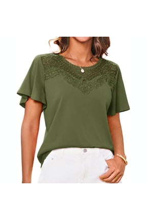 Women's Blouses V-Neck Lace Trim Blouse Short Flutter Sleeve Ribbed Casual Tops Boho Tunic Tops Dressy Shirts