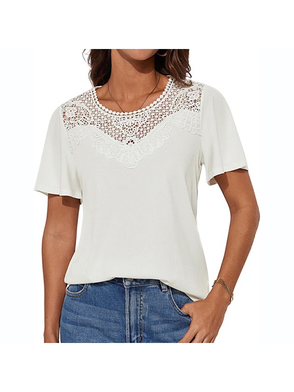 Women's Blouses V-Neck Lace Trim Blouse Short Flutter Sleeve Ribbed Casual Tops Boho Tunic Tops Dressy Shirts